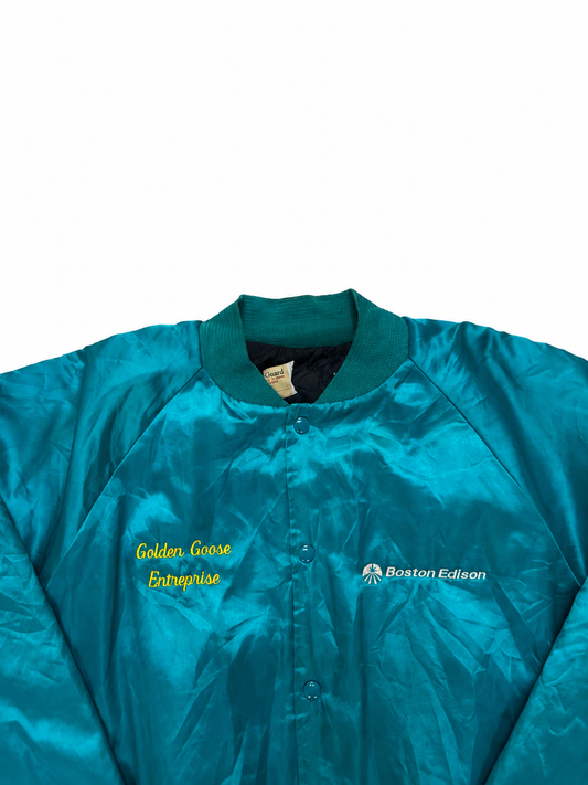 Vintage Unisex Teal Satin Bomber Jacket – Embroidered Snap-Front Windbreaker