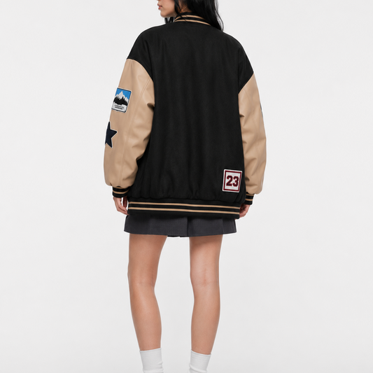 Oversized Patch Work Black & Beige Varsity Bomber Jacket