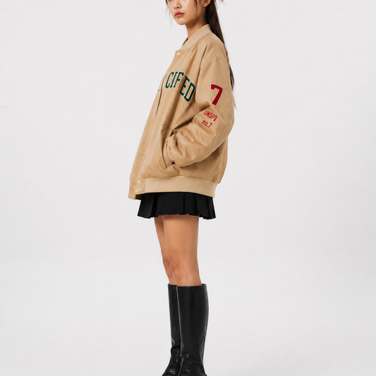 Oversized Beige Varsity Bomber Jacket
