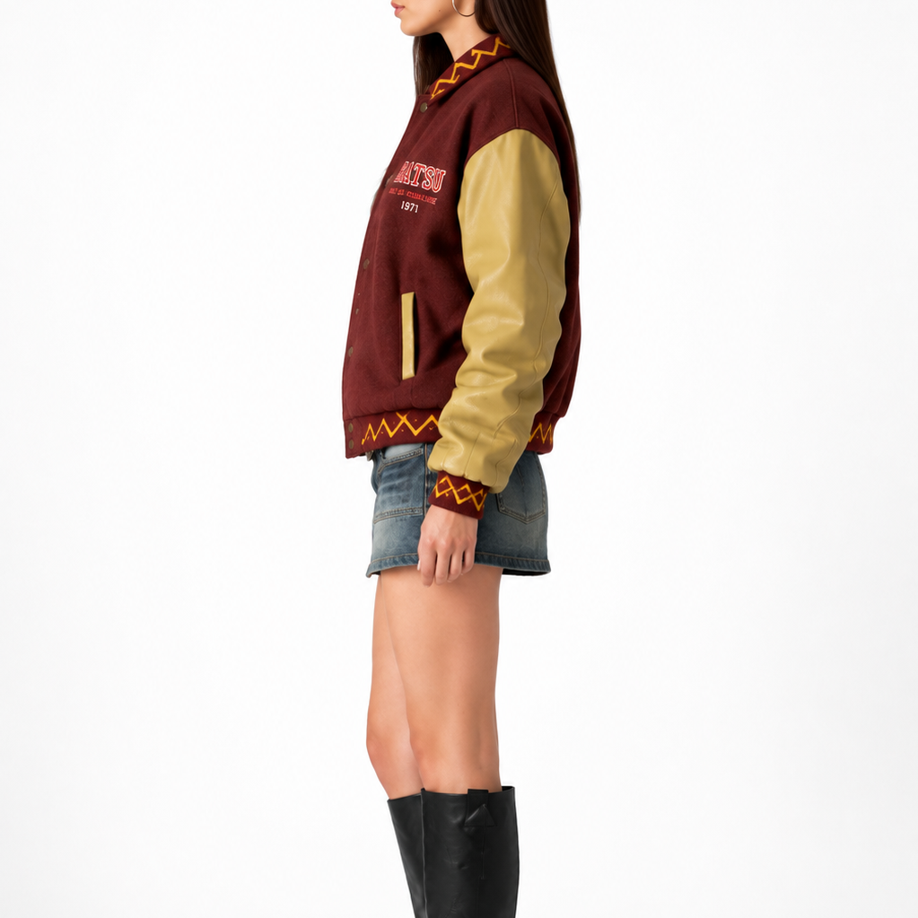 Women’s Burgundy & Tan Vintage Varsity Bomber Jacket