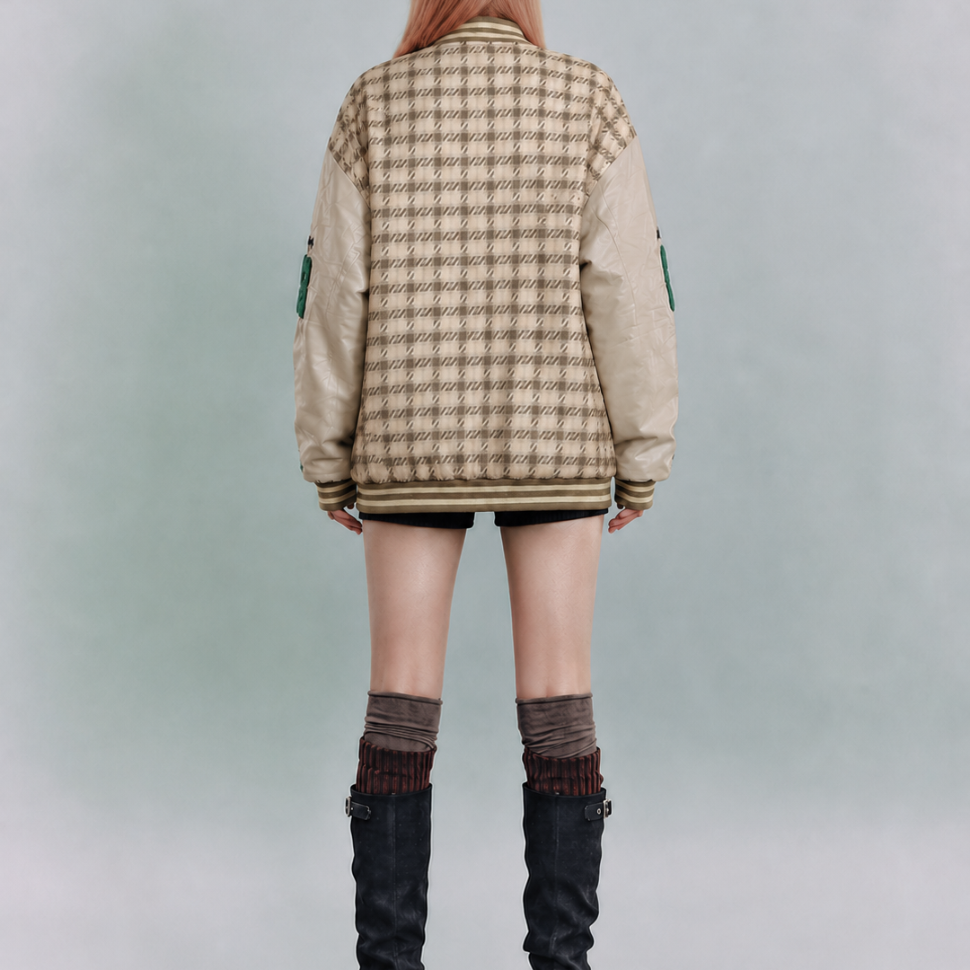 Beige & Green Collegiate Varsity Bomber Jacket