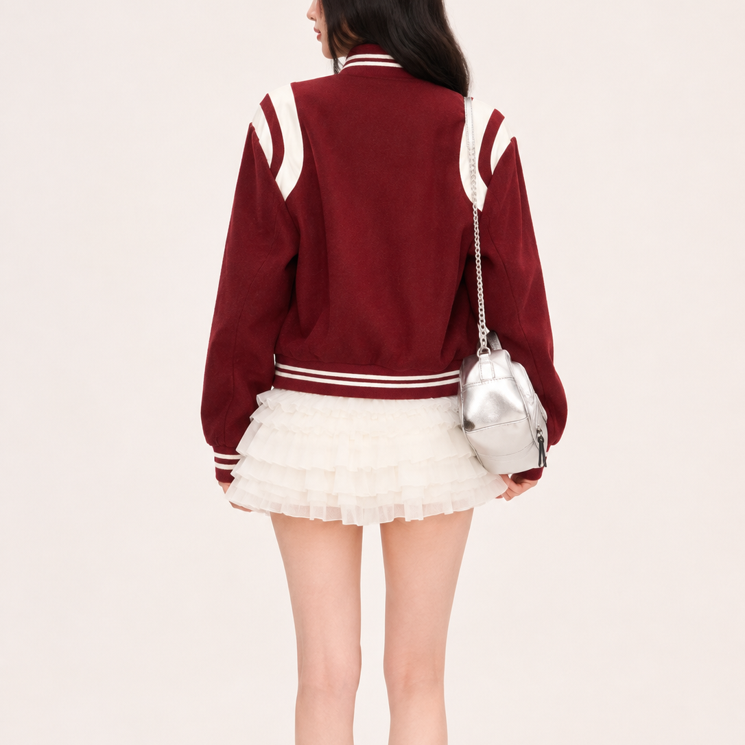 Oversized Burgundy Varsity Bomber Jacket