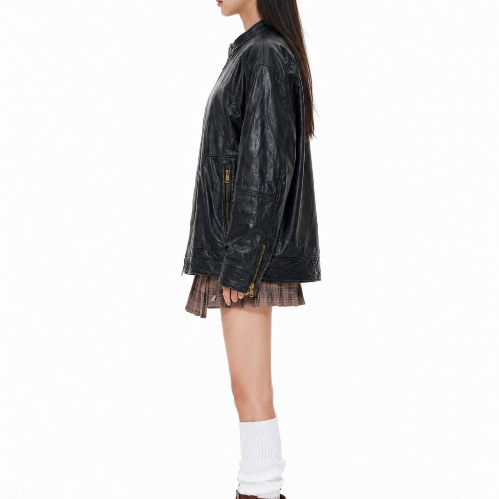 Women's Vintage Relaxed Fit Black Leather Jacket