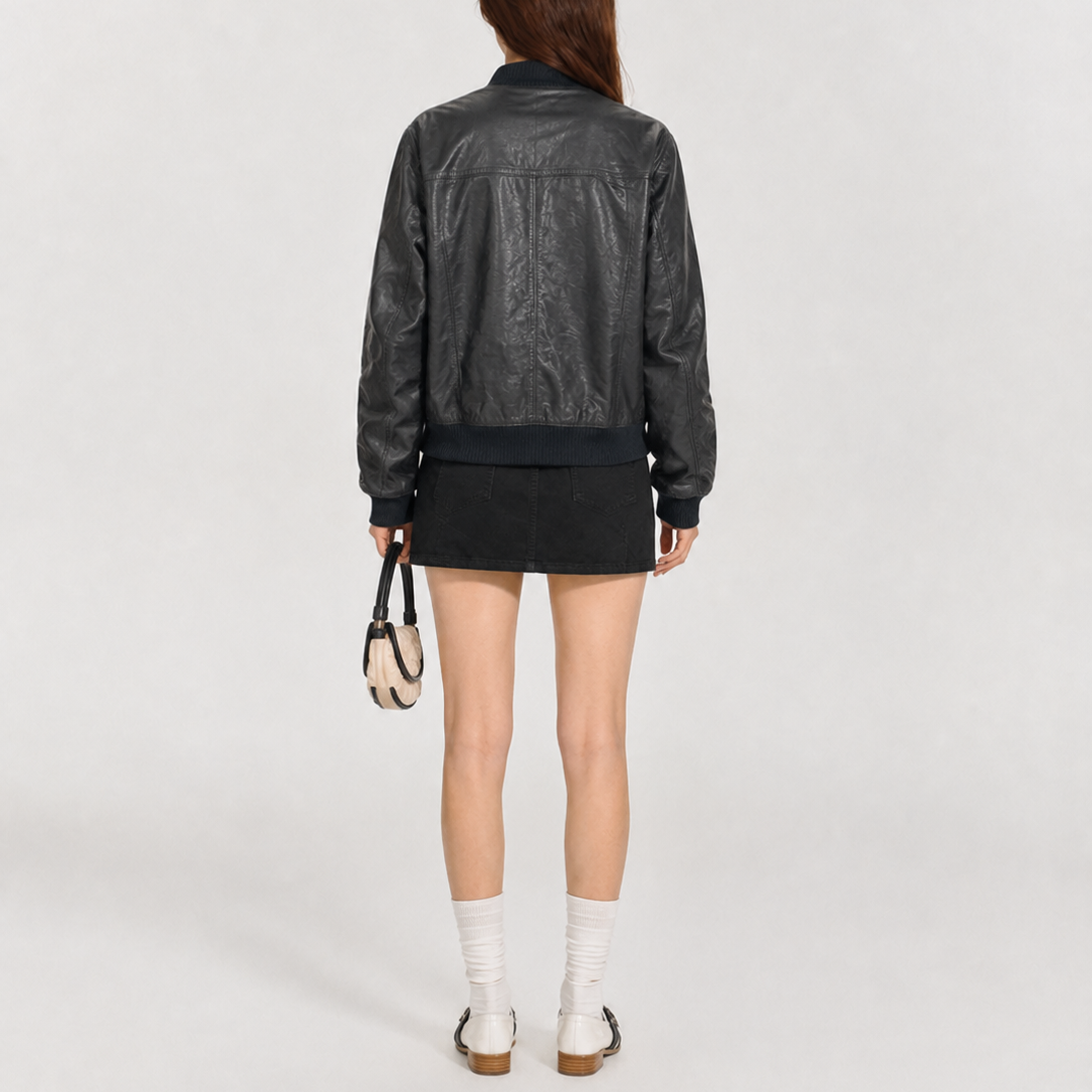 Women's Vintage Black Regular Fit Leather Bomber Jacket