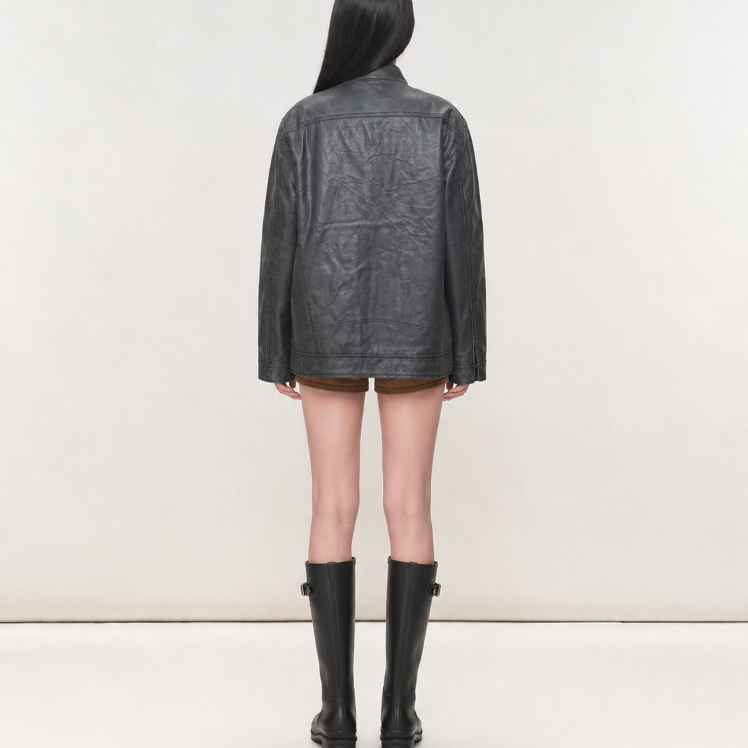 Vintage Black Relaxed-Fit Biker Leather Jacket