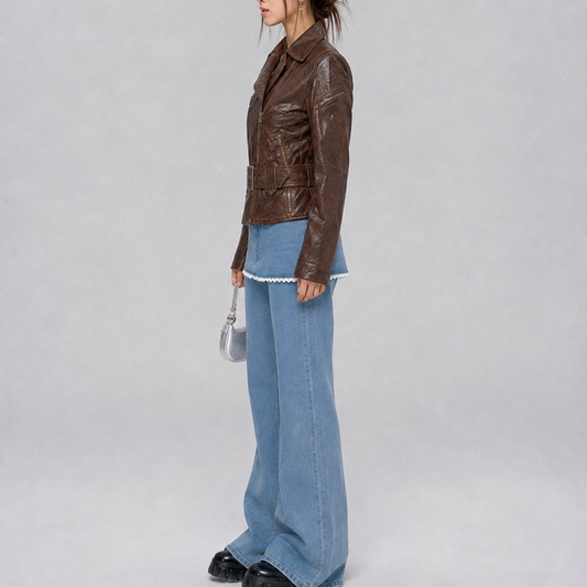 Women’s Dark Brown Fitted Belted Moto Leather Jacket