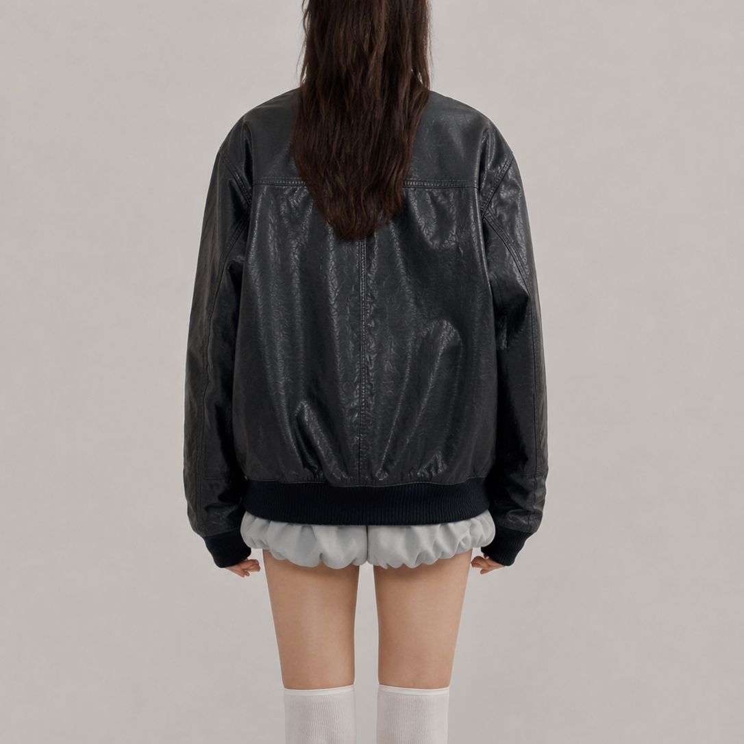 Women’s Vintage Black Oversized Ribbed-Trim Zip-Up Bomber Leather Jacket