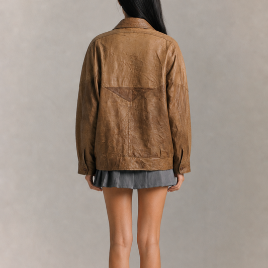 Women’s Vintage Camel Brown Relaxed-Fit Textured Collared Zip-Up Leather Jacket