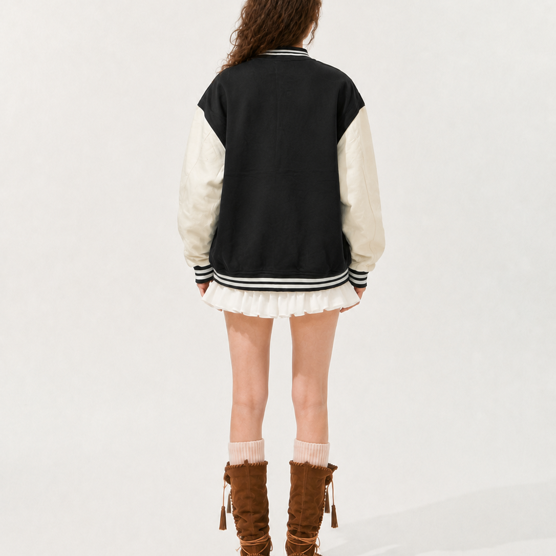Unisex Black & Beige Relaxed-Fit Crest Varsity Bomber Jacket