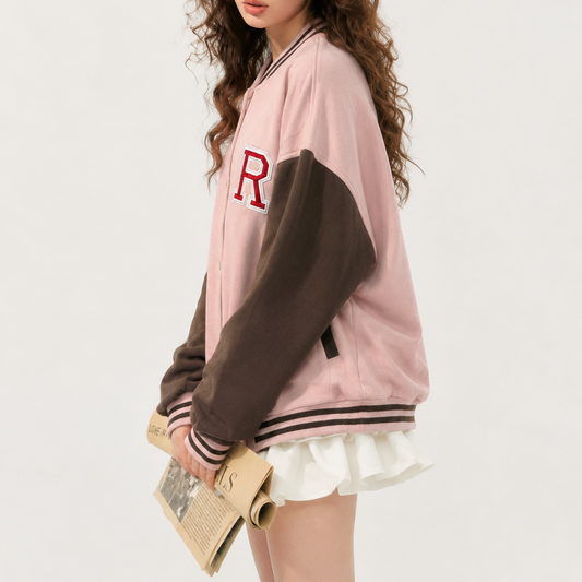 Unisex Pink & Brown Oversized R-Patch Varsity Bomber Jacket