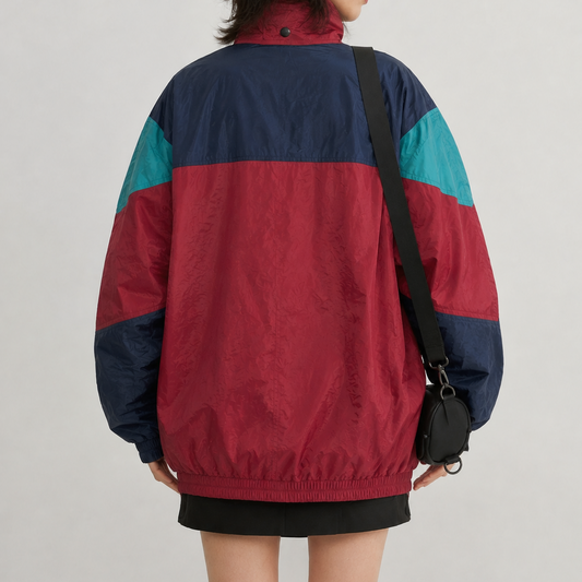 Vintage Burgundy, Teal & Navy Oversized Colorblock Windbreaker Jacket