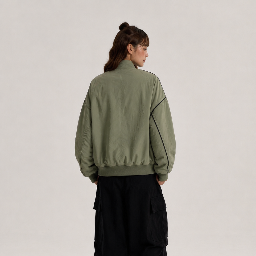 Unisex Olive Green Oversized Graphic Sleeve Bomber Jacket