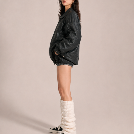 Unisex Black Vintage Oversized Distressed Panelled Leather Jacket
