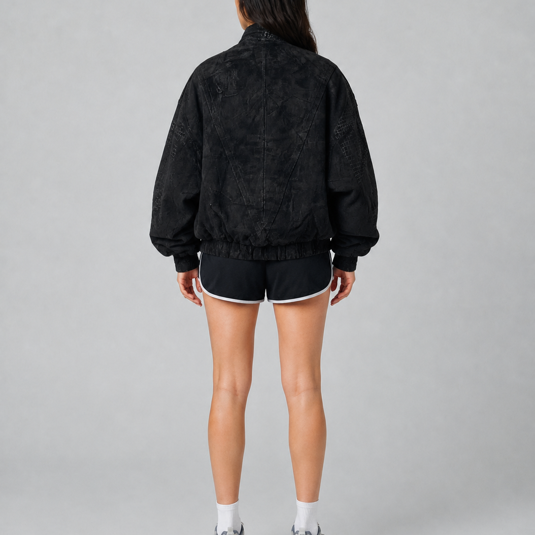 Women’s Black Croc-Textured Oversized Vintage Bomber Jacket