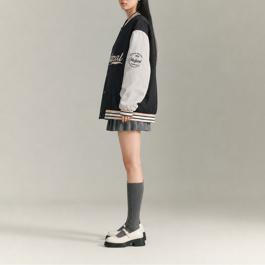 Unisex Black & Grey Embroidered Oversized Varsity Bomber Jacket