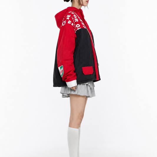Unisex Red & Black Graphic-Print Oversized Hooded Windbreaker Jacket