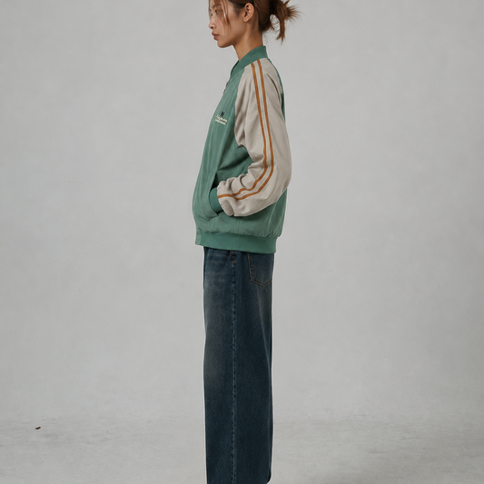 Unisex Sage Green & Beige Relaxed-Fit Retro Striped Track Bomber Jacket