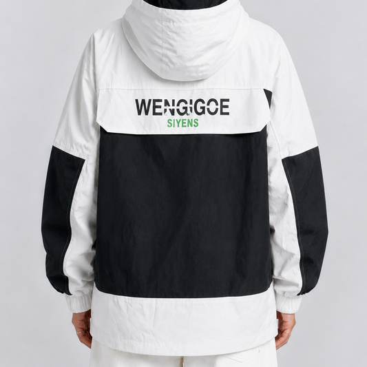 Unisex Oversized White & Black Graphic Utility Hooded Windbreaker Jacket