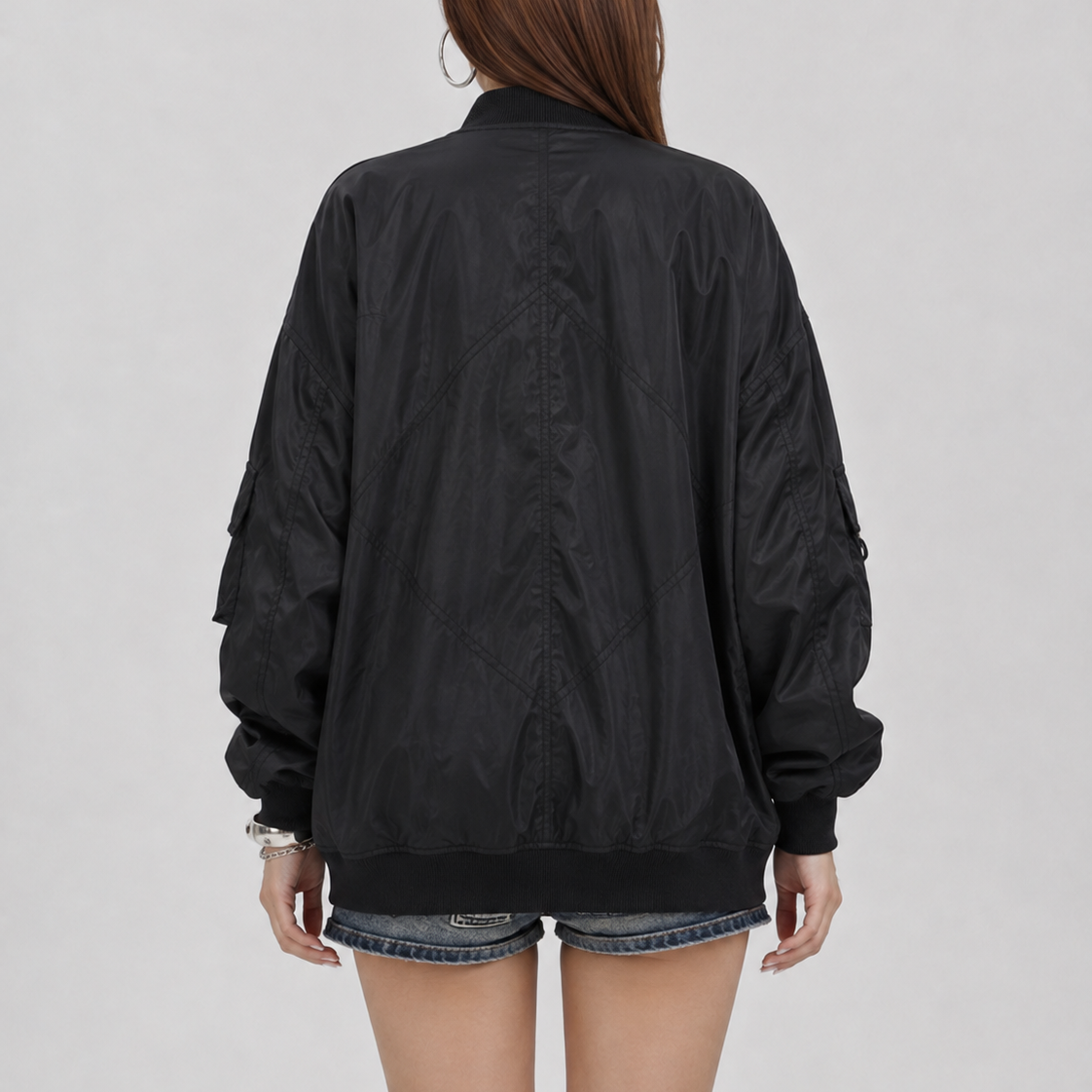 Unisex Vintage Black Oversized Multi-Pocket Utility Bomber Jacket