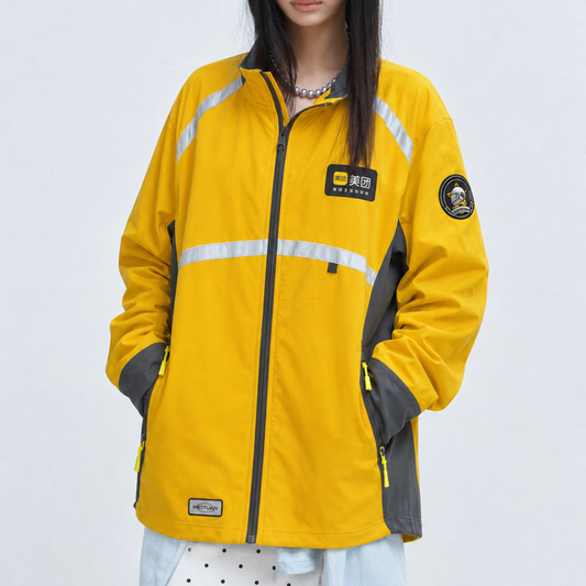 Unisex Vintage Yellow Oversized Reflective-Panel Windbreaker Jacket