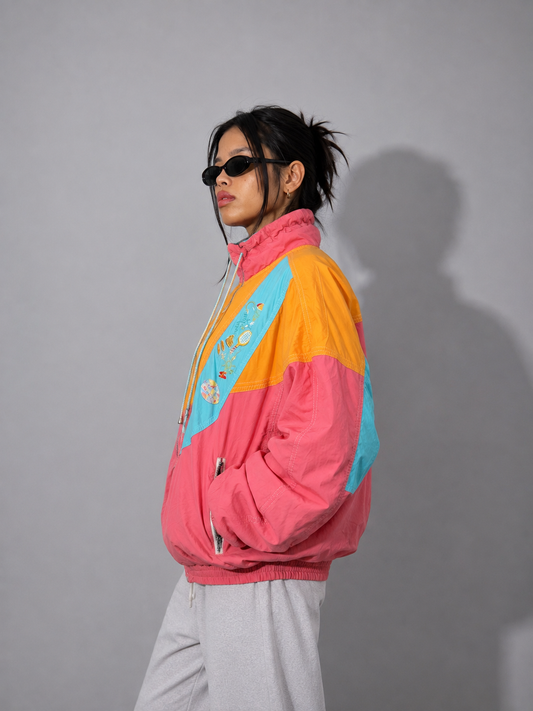 Women's Jacket - Vintage Color Block Windbreaker Oversized Retro Zip-Up