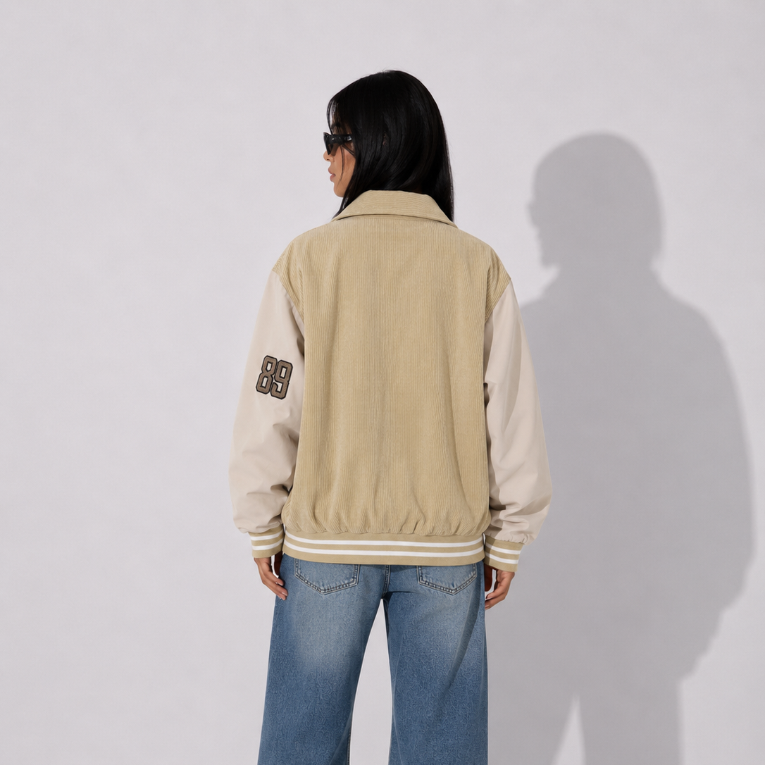 Women's Jacket - Beige Corduroy Varsity Bomber