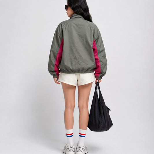 Women's Jacket - Vintage Olive & Pink Colorblock Windbreaker