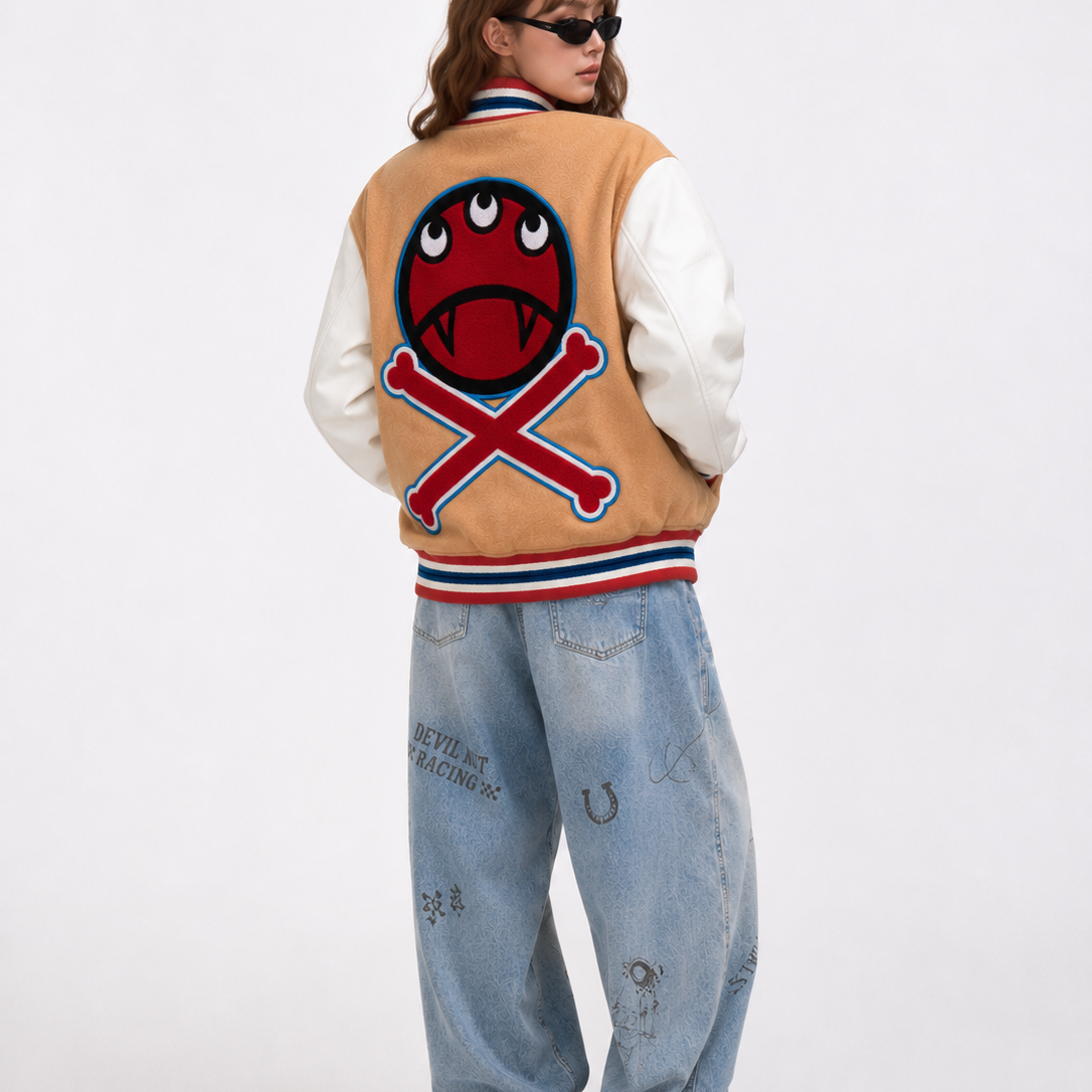 Tan & White Graphic Varsity Bomber Jacket