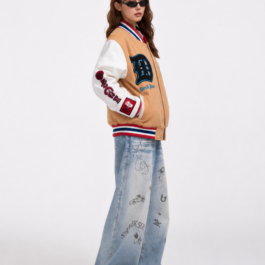 Tan & White Graphic Varsity Bomber Jacket