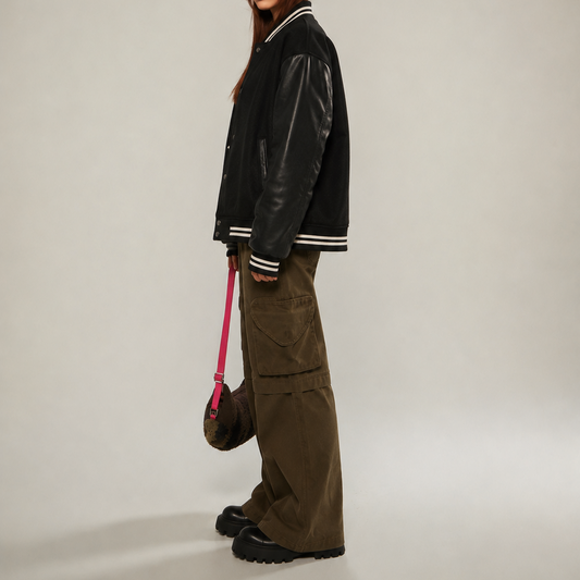 Black Leather Sleeve Varsity Bomber Jacket