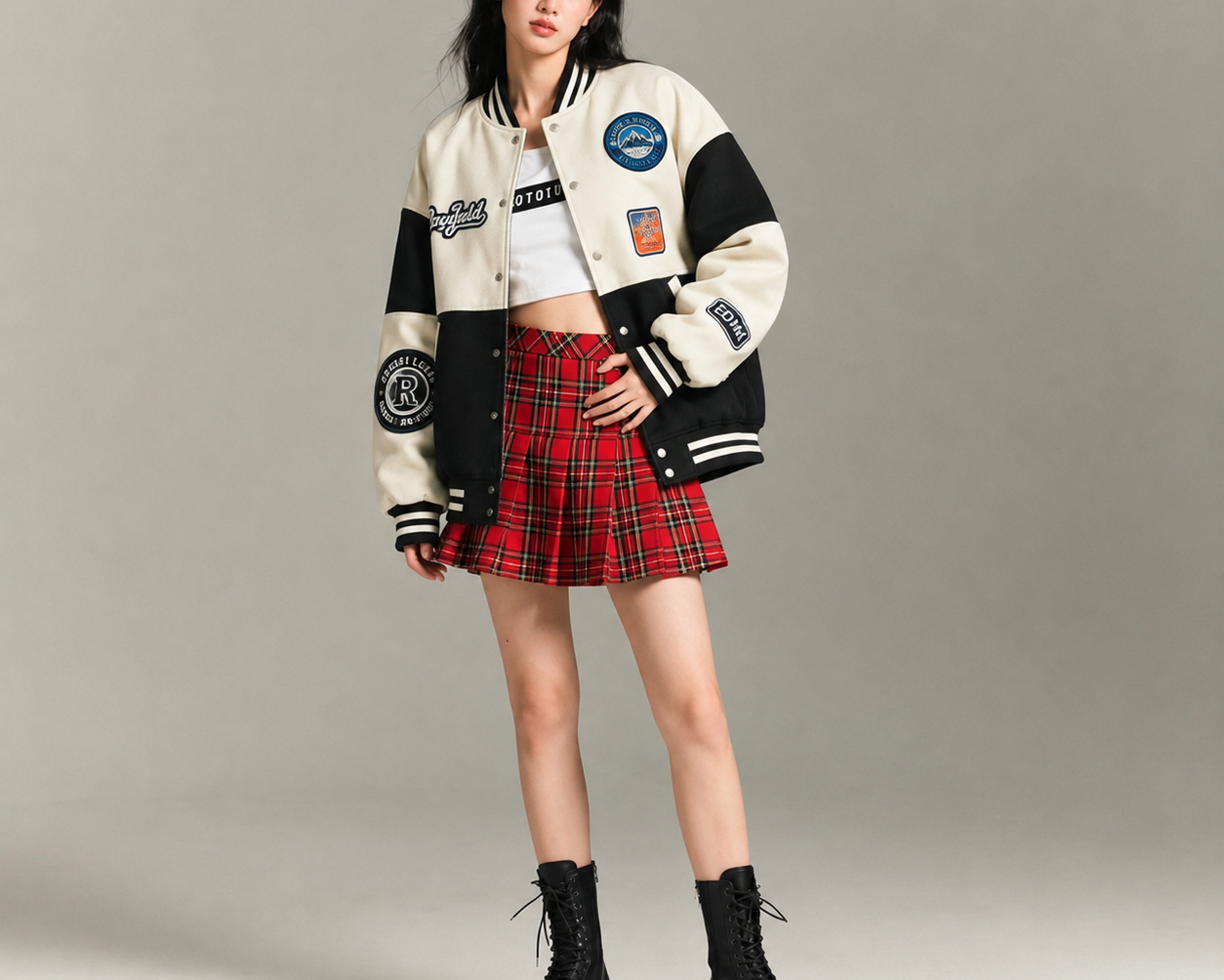 Women’s Jacket - Oversized Black & Beige Patchwork Varsity
