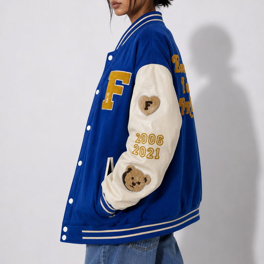 Vintage Blue & Beige Oversized Patchwork Varsity Bomber Jacket