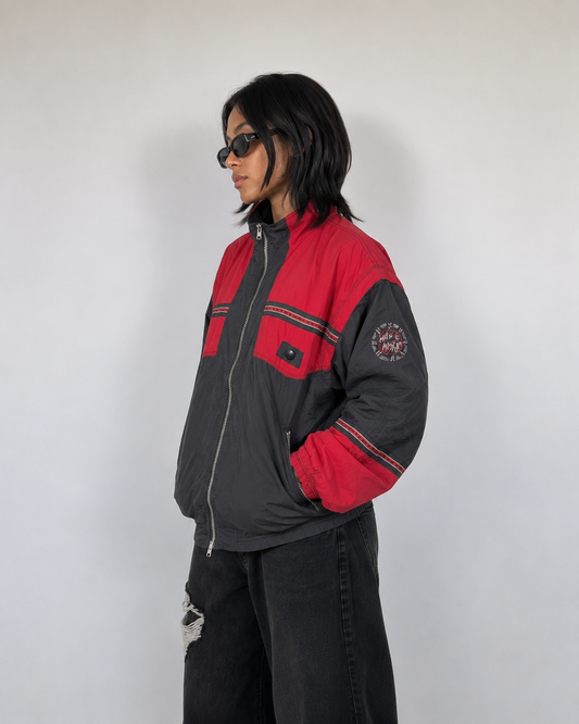 Women's Jacket Vintage Red & Charcoal Colorblock Nylon Full-Zip Windbreaker