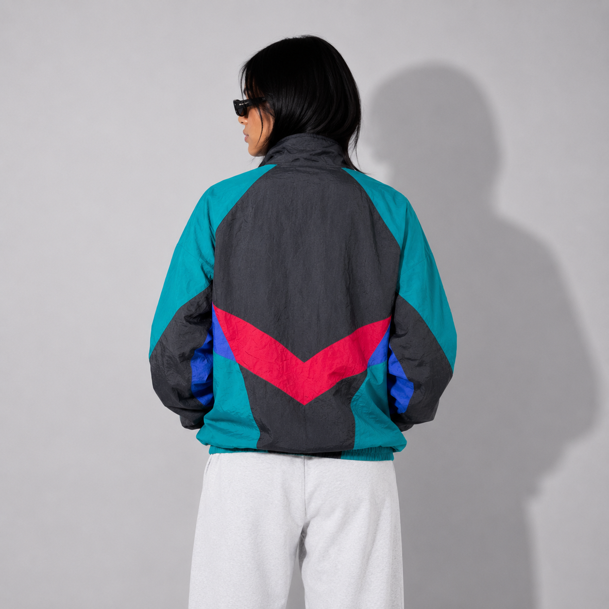 Women's Jacket 90s Retro Black and Teal Colorblock Zip-Up Windbreaker