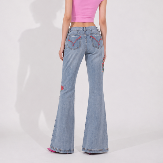 Women's Jeans - Light Blue Floral Flared Denim