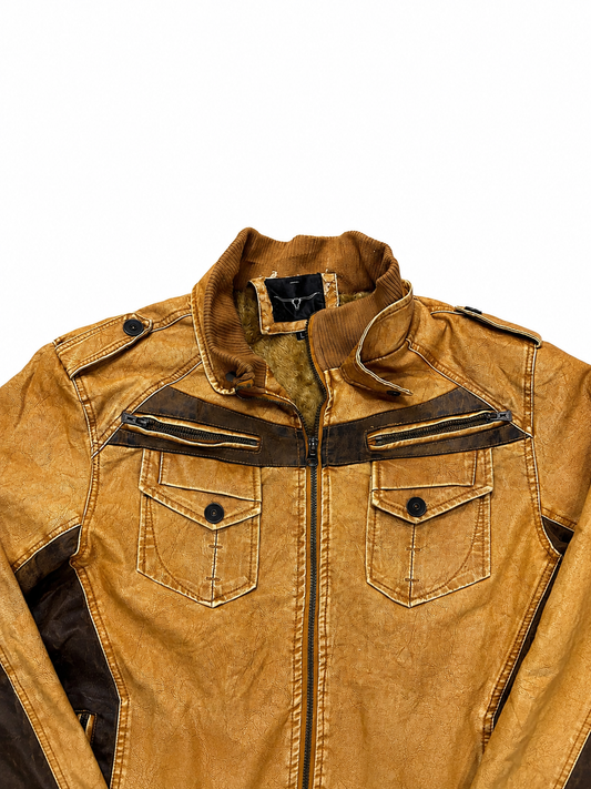 Vintage Unisex Tan Moto Leather Jacket with Contrast Panels