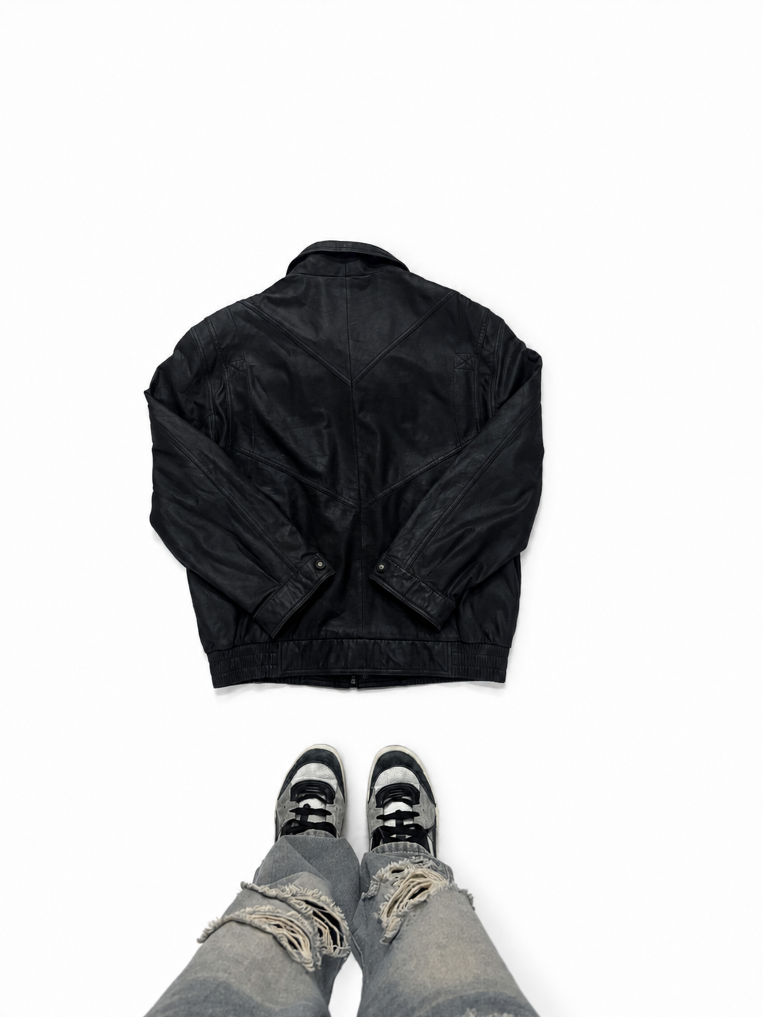 Vintage Unisex Black Leather Bomber Jacket with Utility Zip Pockets