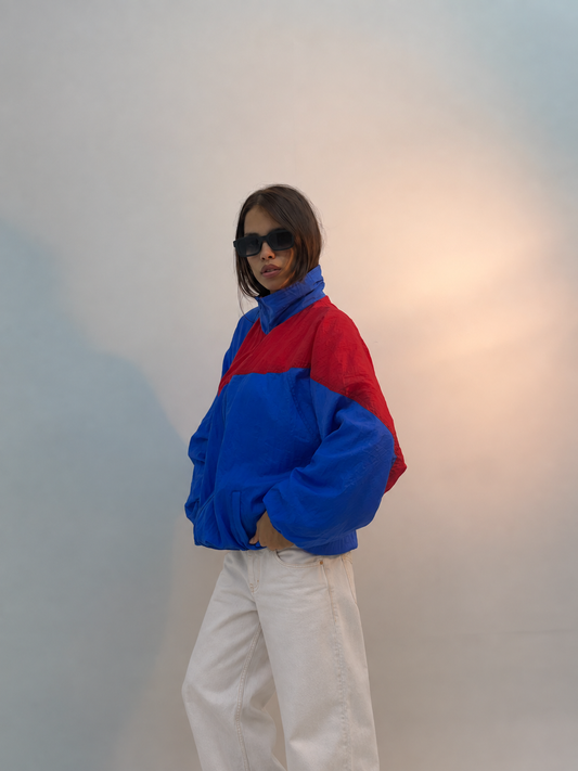 Vintage Royal Blue & Red Colorblock Retro Unisex Windbreaker Bomber Jacket