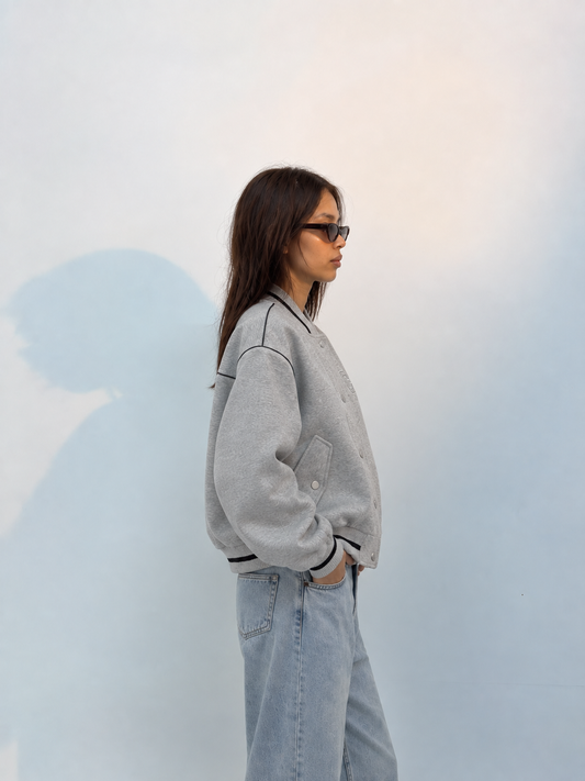 Unisex Vintage Grey Oversized Patchwork Varsity Bomber Jacket