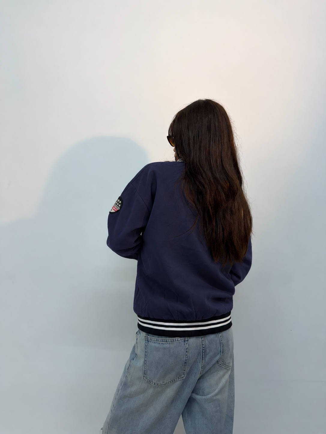 Unisex Vintage Navy Embroidered Oversized Varsity Bomber Jacket