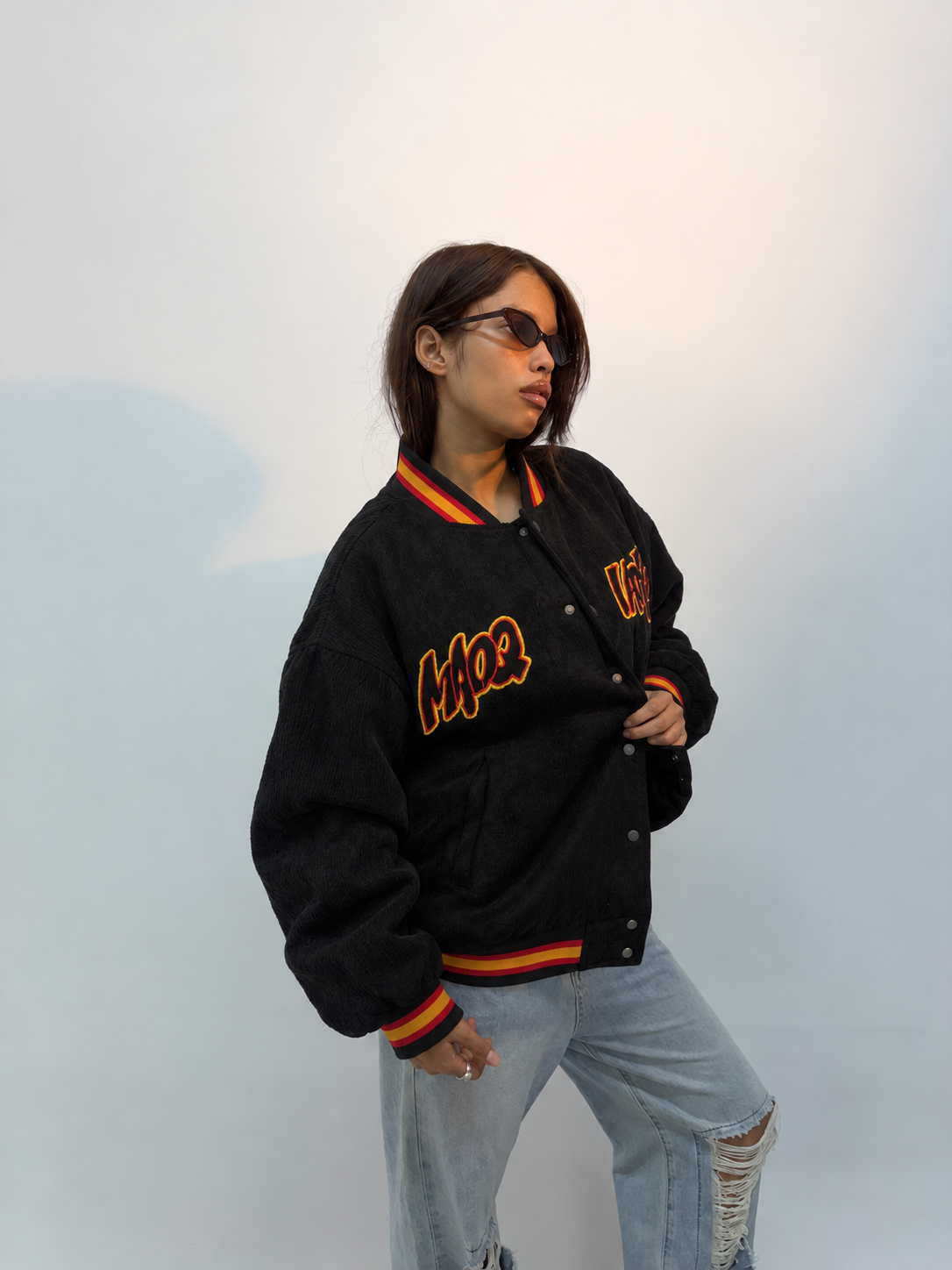 Y2K Black Corduroy Graphic Oversized Varsity Jacket