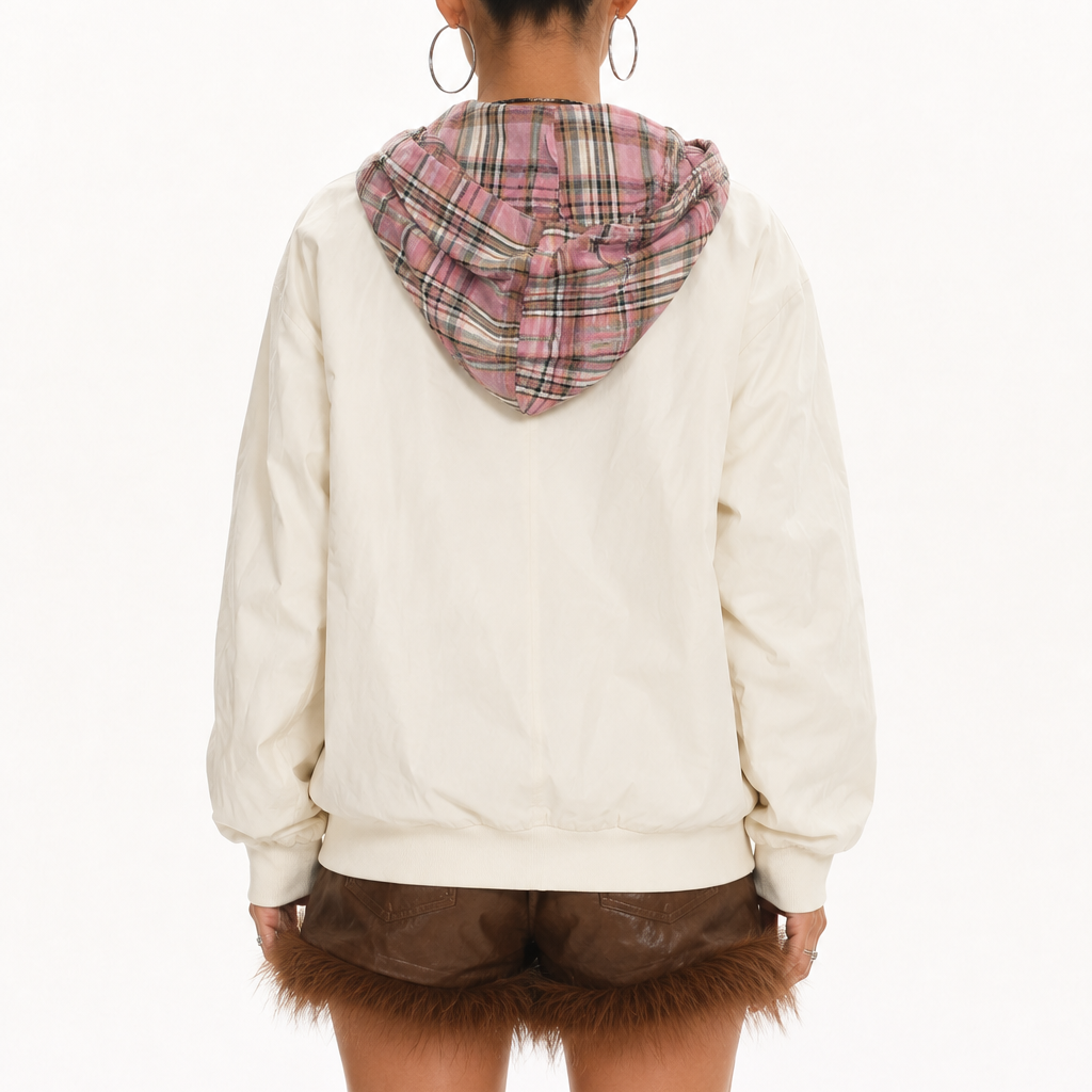 Women’s Vintage Relaxed-Fit Pink Plaid-Lined Hooded Windbreaker Jacket