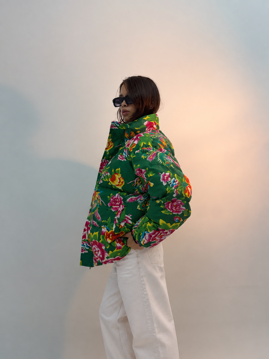 Vintage Green Floral Print Oversized Unisex Bomber Jacket