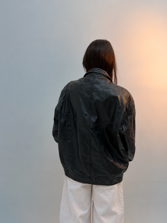 Unisex Vintage Black Oversized Vintage Leather Jacket