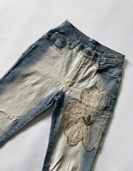 Women's Jeans Floral Embellished Two-Tone Flared