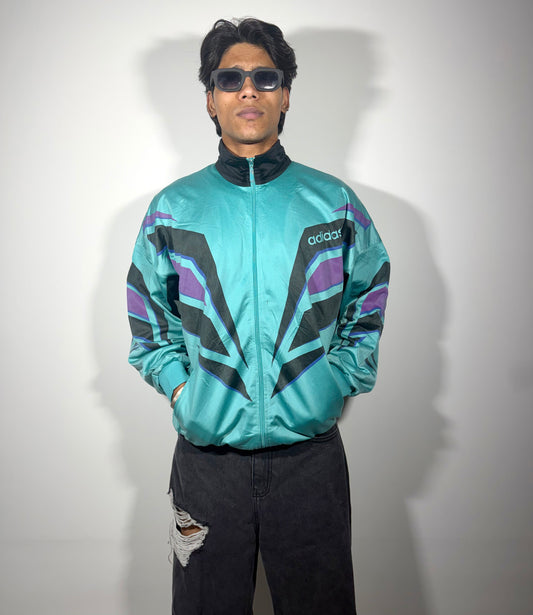 Vintage Teal Geometric Windbreaker Men's Jacket