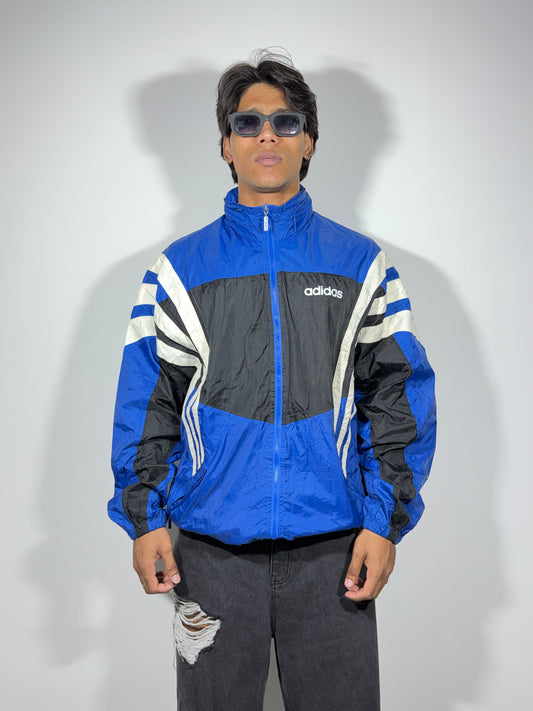 Vintage Blue Colorblock Hooded Windbreaker Men's Jacket