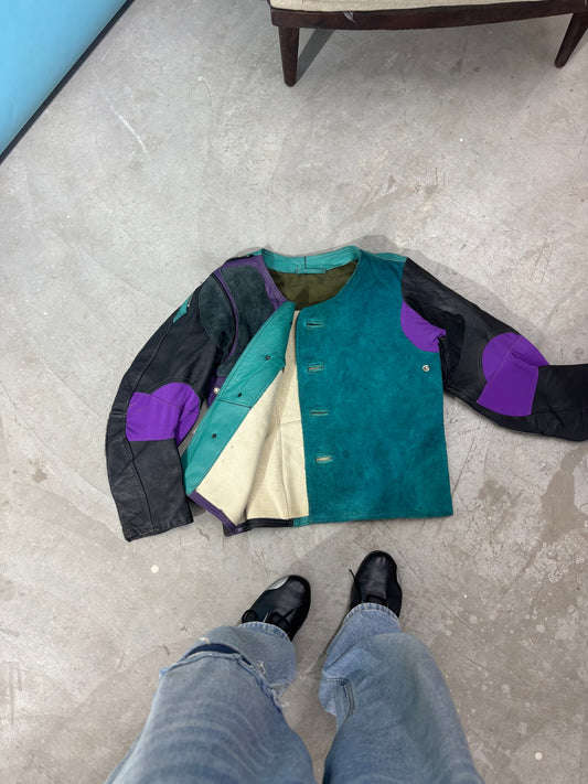 Unisex Jacket Colorblock Vintage Leather Teal Purple & Black