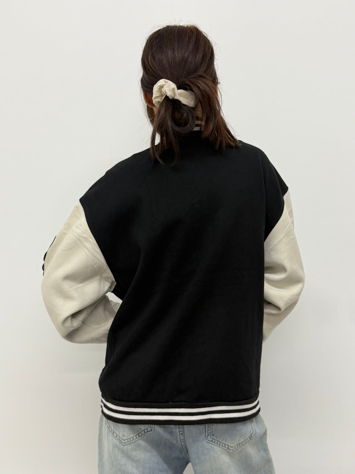 Unisex Black Oversized Patchwork Varsity Bomber Jacket