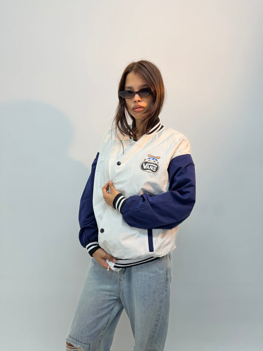 Unisex Vintage White & Navy Blue Colorblock Varsity Bomber Jacket